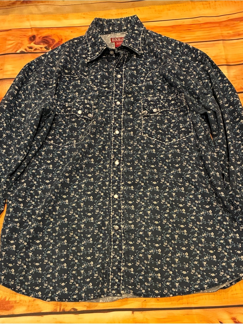 Red Ranch Mens Large Western Shirt Blue Floral Print Long Sleeve Pearl Snap